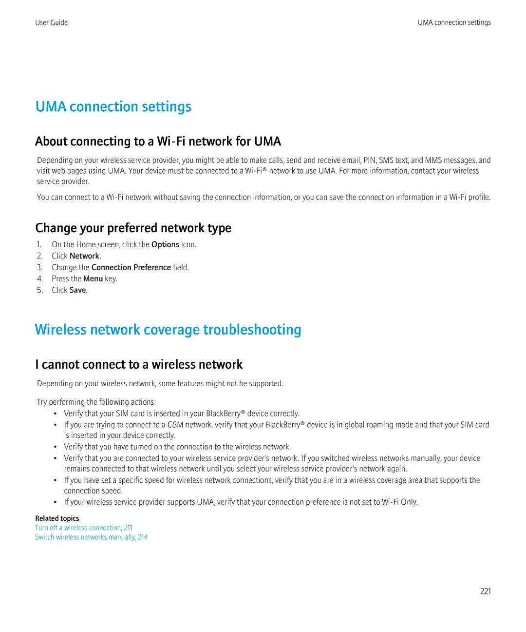 Blackberry 8520 UMA connection settings, Wireless network coverage troubleshooting, Change your preferred network type 