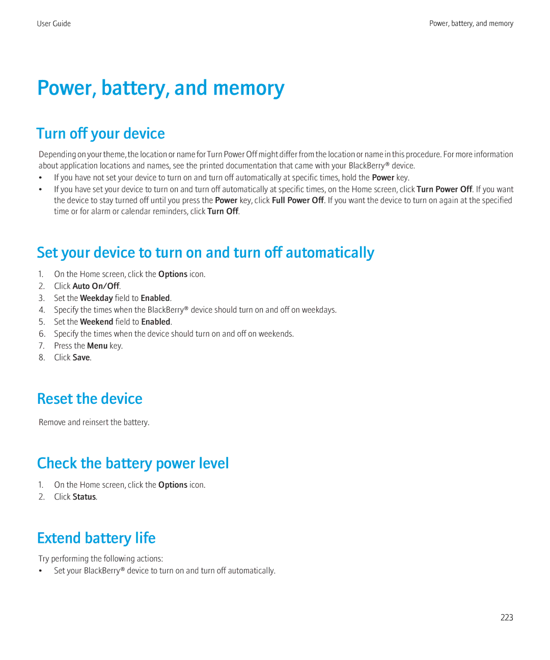 Blackberry 8520 manual Power, battery, and memory 