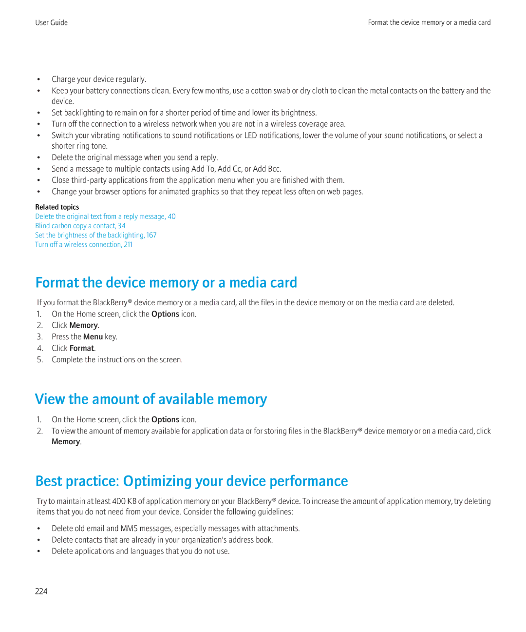 Blackberry 8520 manual Format the device memory or a media card, View the amount of available memory 