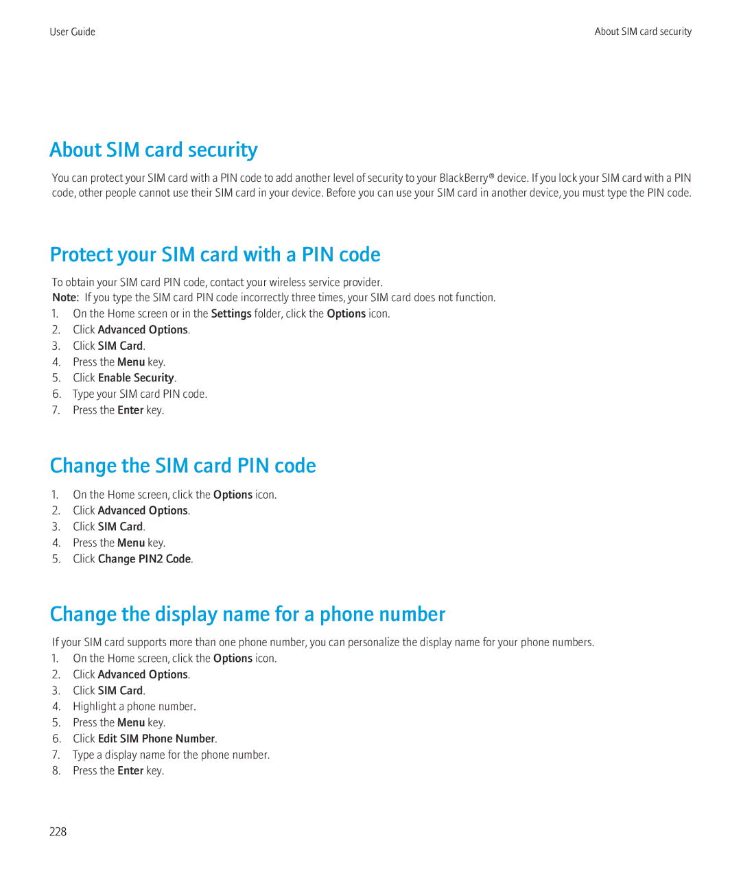 Blackberry 8520 manual About SIM card security, Protect your SIM card with a PIN code, Change the SIM card PIN code 