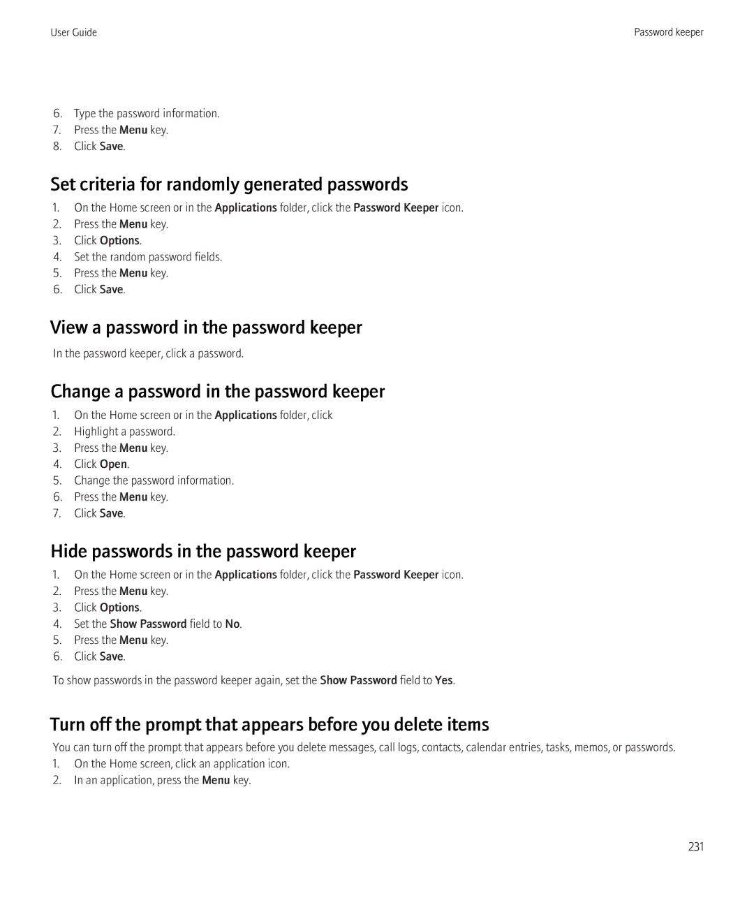 Blackberry 8520 manual Set criteria for randomly generated passwords, View a password in the password keeper 