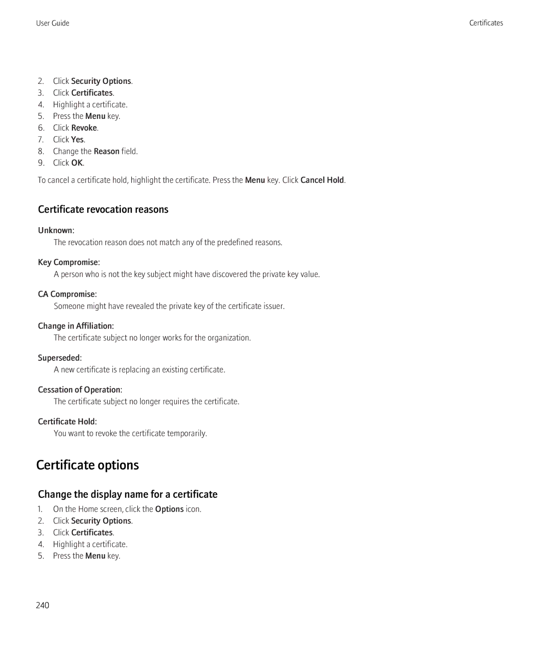 Blackberry 8520 manual Certificate options, Certificate revocation reasons, Change the display name for a certificate 