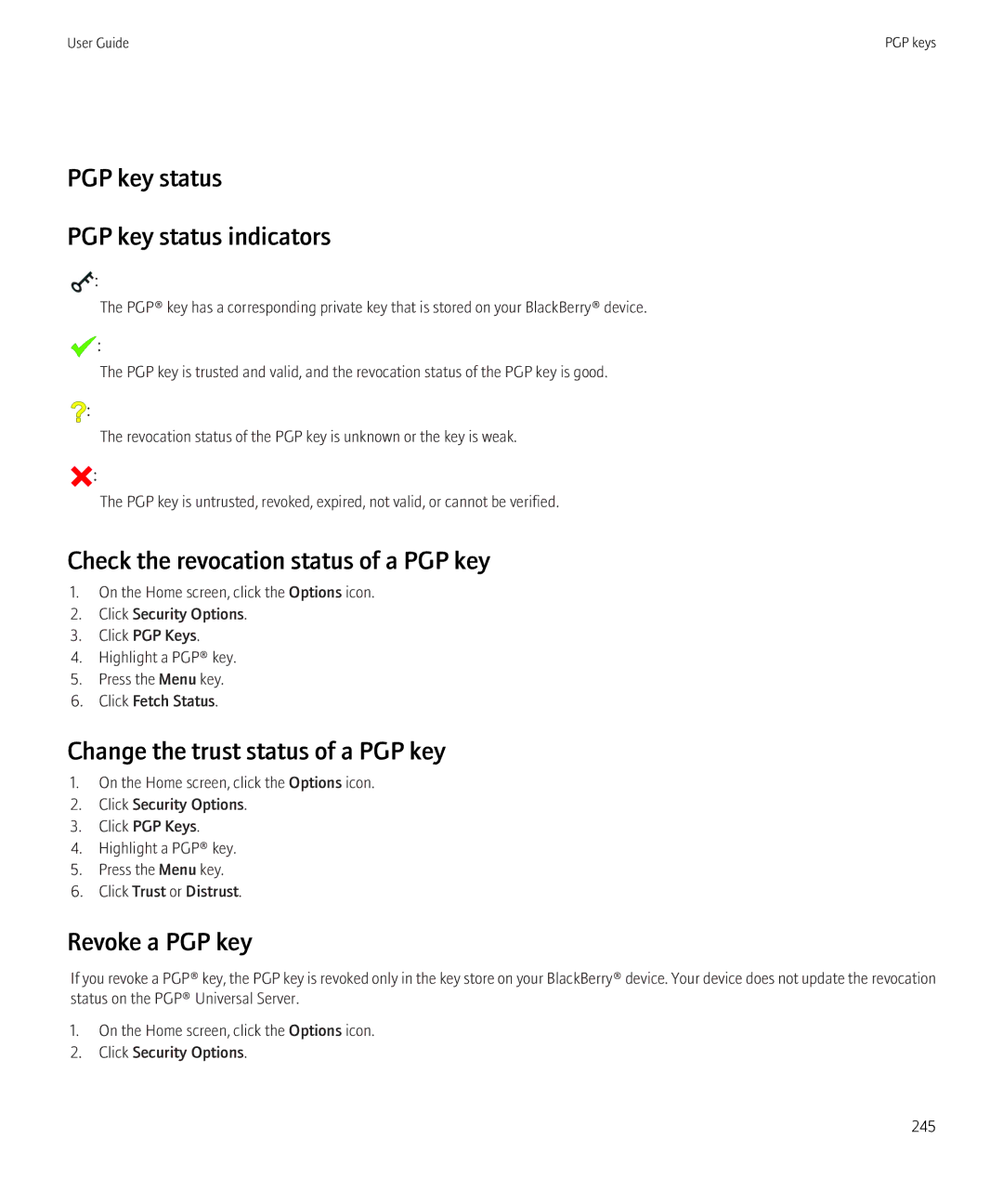 Blackberry 8520 manual PGP key status PGP key status indicators, Check the revocation status of a PGP key, Revoke a PGP key 