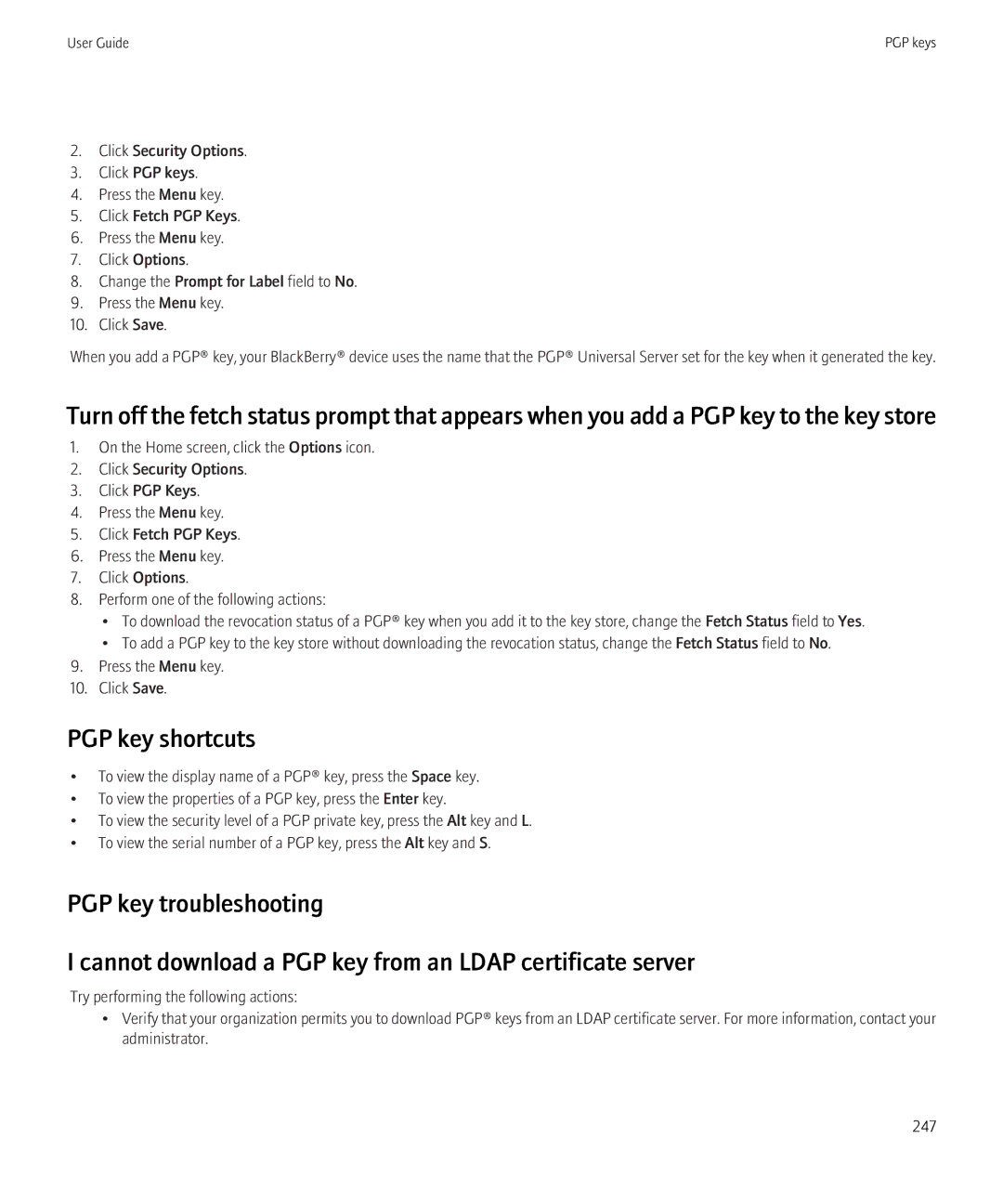 Blackberry 8520 manual PGP key shortcuts 