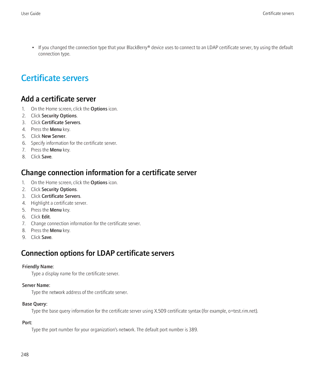 Blackberry 8520 Certificate servers, Add a certificate server, Change connection information for a certificate server 