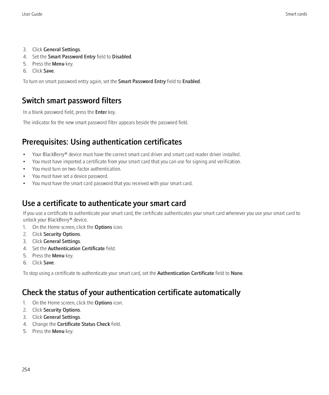 Blackberry 8520 manual Switch smart password filters, Prerequisites Using authentication certificates 