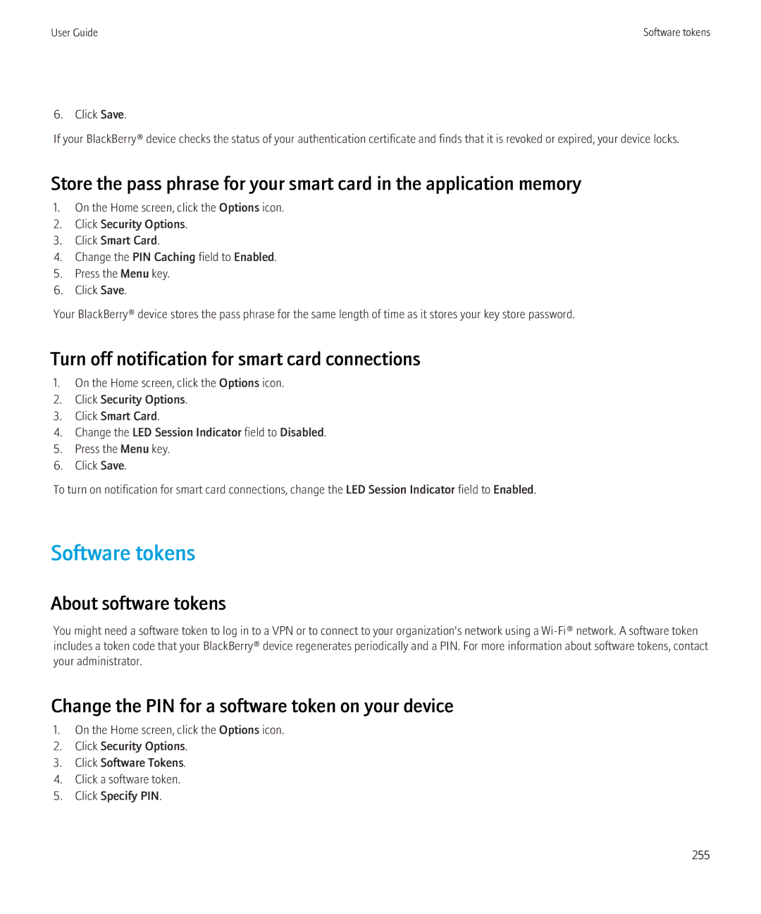 Blackberry 8520 manual Software tokens, Turn off notification for smart card connections, About software tokens 