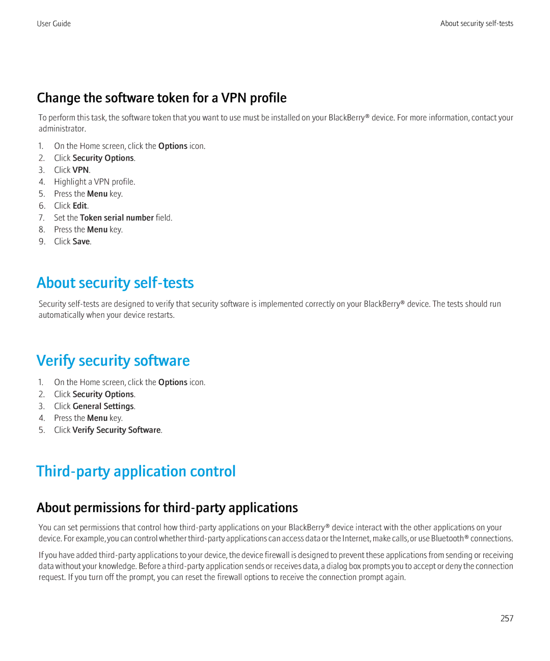 Blackberry 8520 manual About security self-tests, Verify security software, Third-party application control 