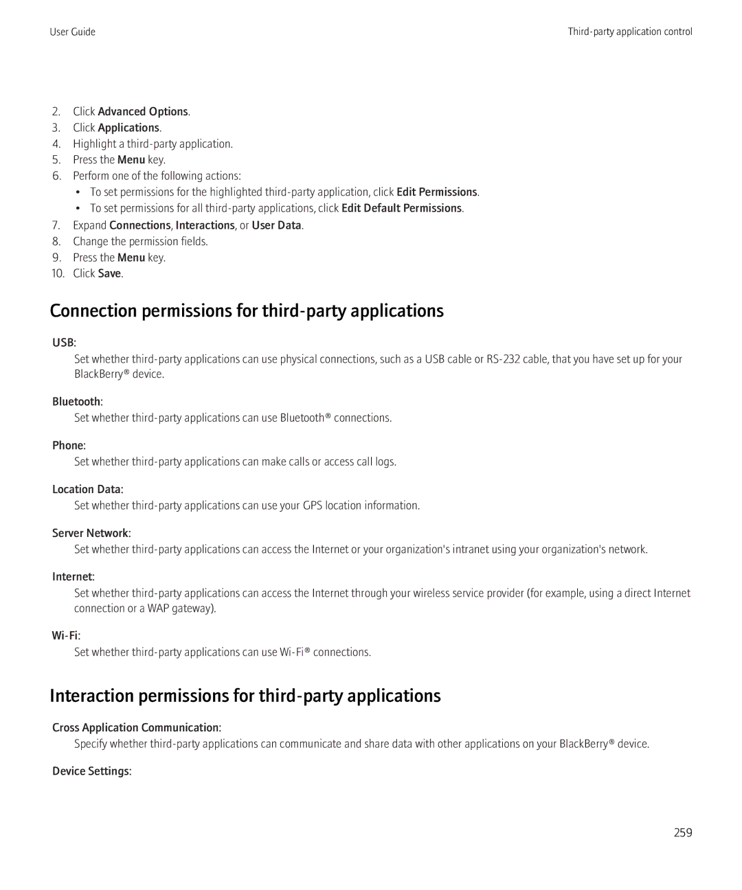 Blackberry 8520 Connection permissions for third-party applications, Interaction permissions for third-party applications 