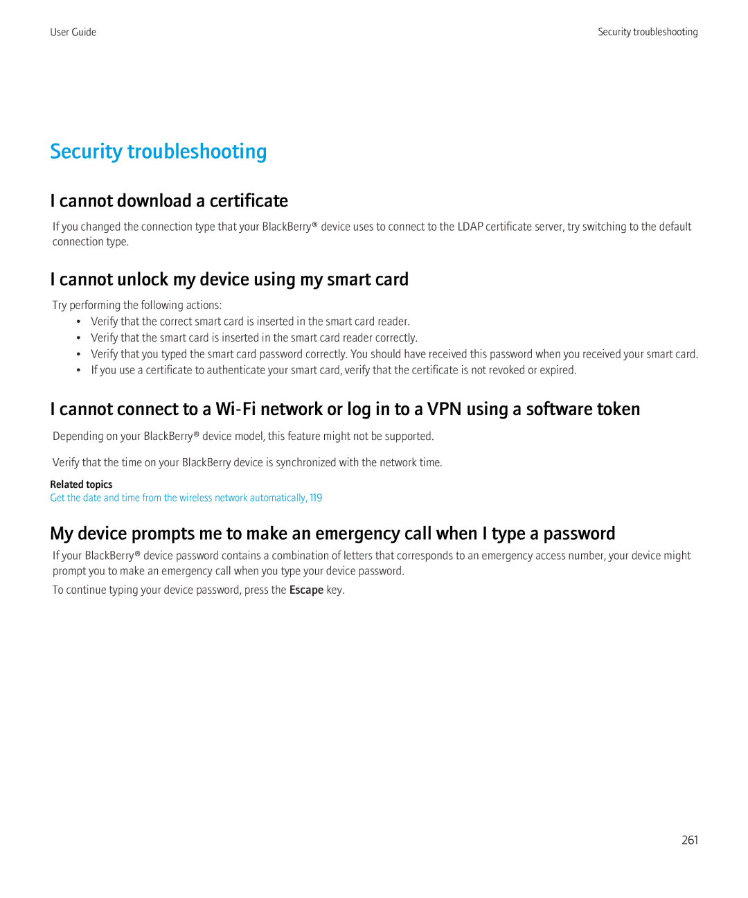 Blackberry 8520 manual Security troubleshooting, Cannot download a certificate, Cannot unlock my device using my smart card 