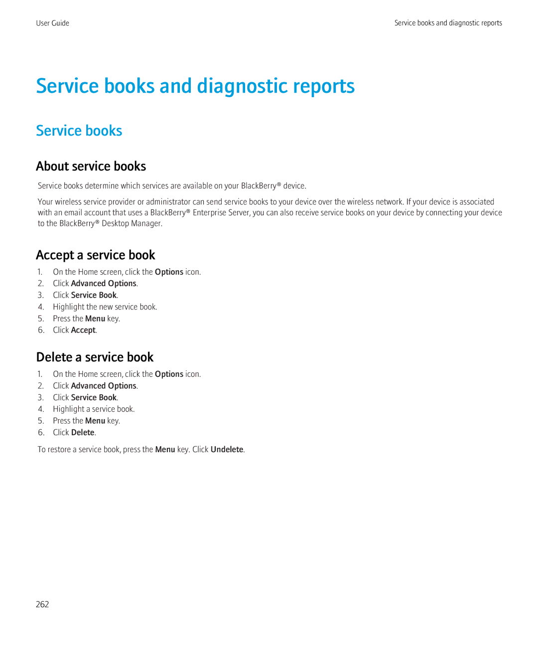 Blackberry 8520 Service books and diagnostic reports, About service books, Accept a service book, Delete a service book 