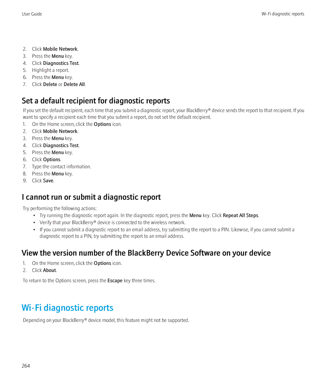 Blackberry 8520 manual Wi-Fi diagnostic reports, Set a default recipient for diagnostic reports 