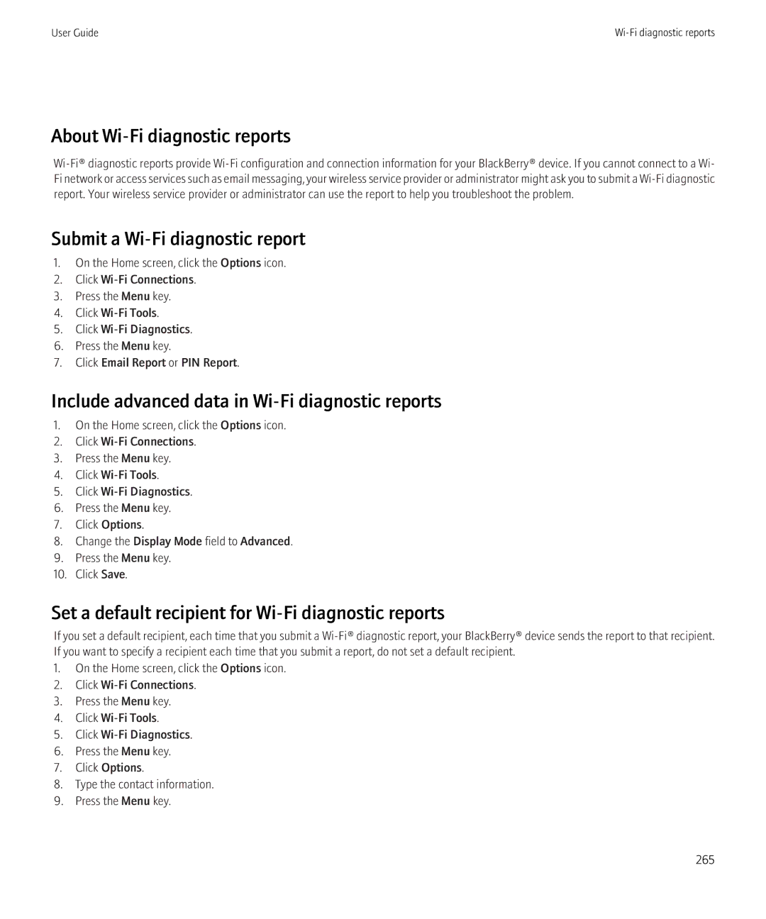 Blackberry 8520 manual About Wi-Fi diagnostic reports, Submit a Wi-Fi diagnostic report 