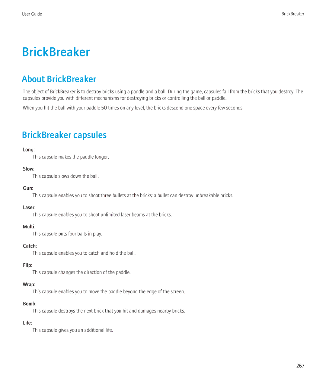 Blackberry 8520 manual About BrickBreaker, BrickBreaker capsules 