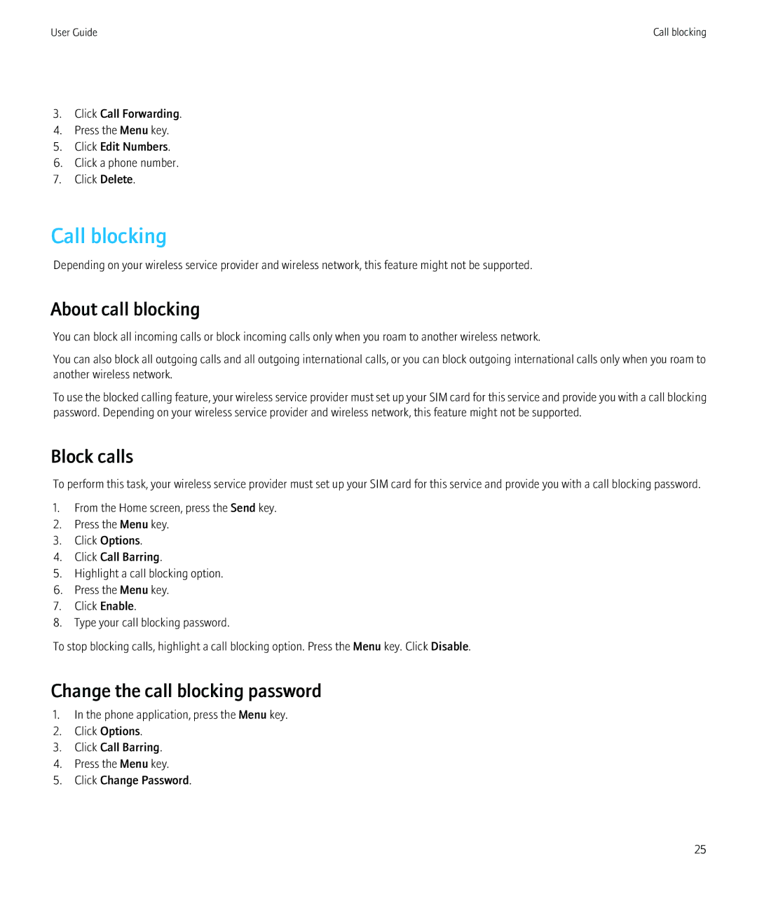 Blackberry 8520 manual Call blocking, About call blocking, Block calls, Change the call blocking password 