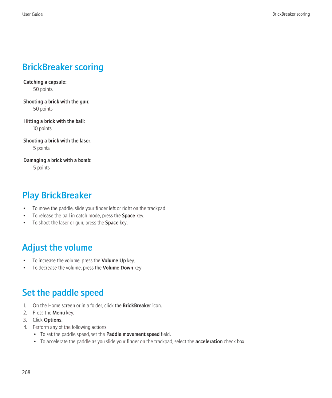 Blackberry 8520 manual BrickBreaker scoring, Play BrickBreaker, Adjust the volume, Set the paddle speed 