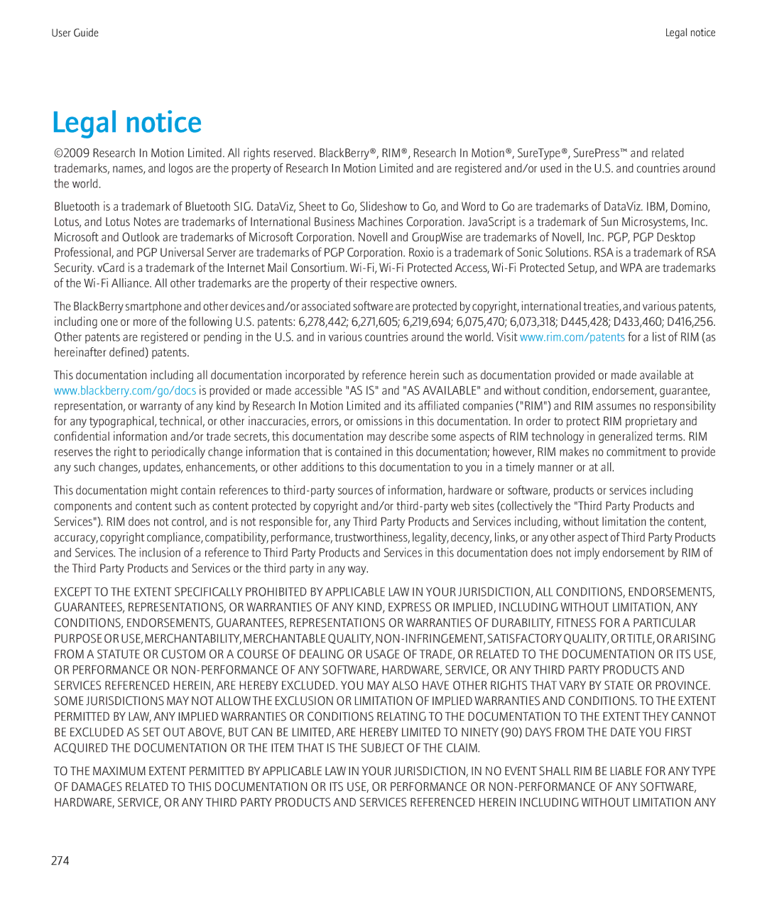 Blackberry 8520 manual Legal notice, 274 