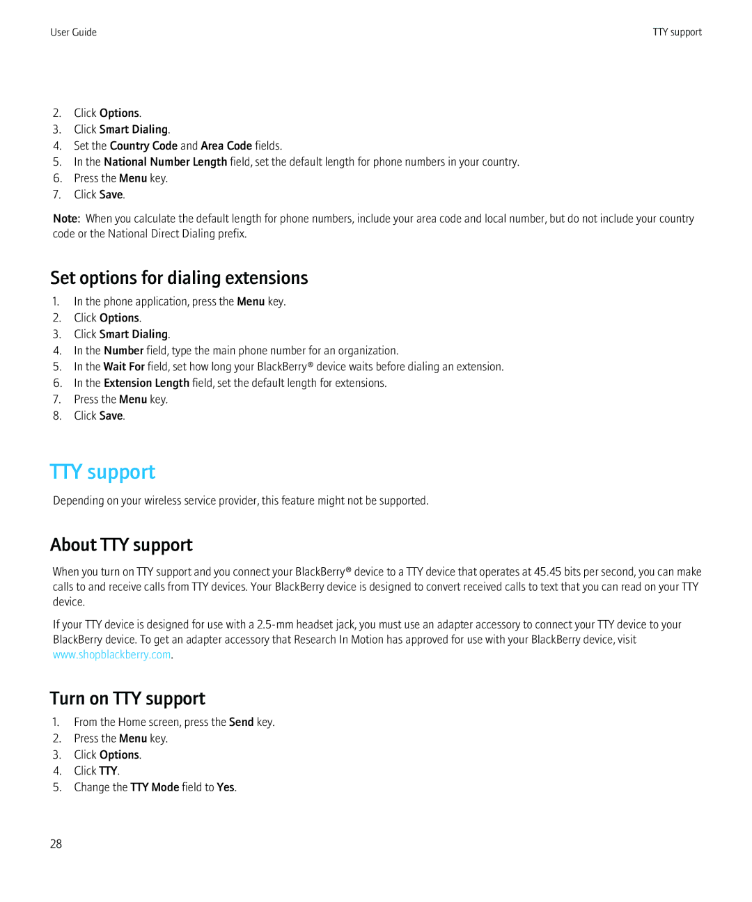 Blackberry 8520 manual Set options for dialing extensions, About TTY support, Turn on TTY support 