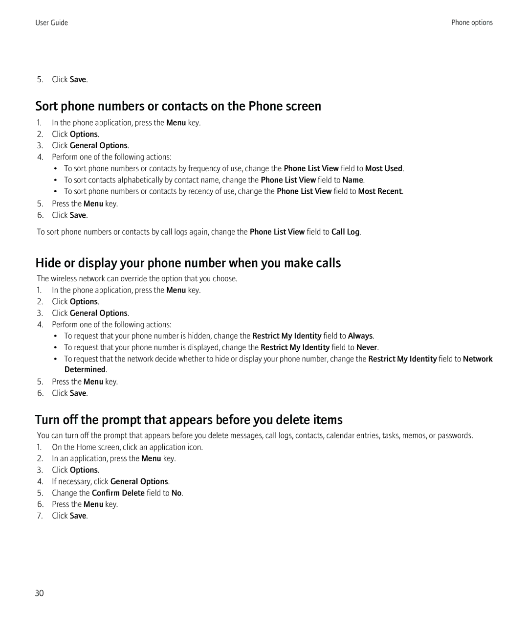 Blackberry 8520 Sort phone numbers or contacts on the Phone screen, Hide or display your phone number when you make calls 