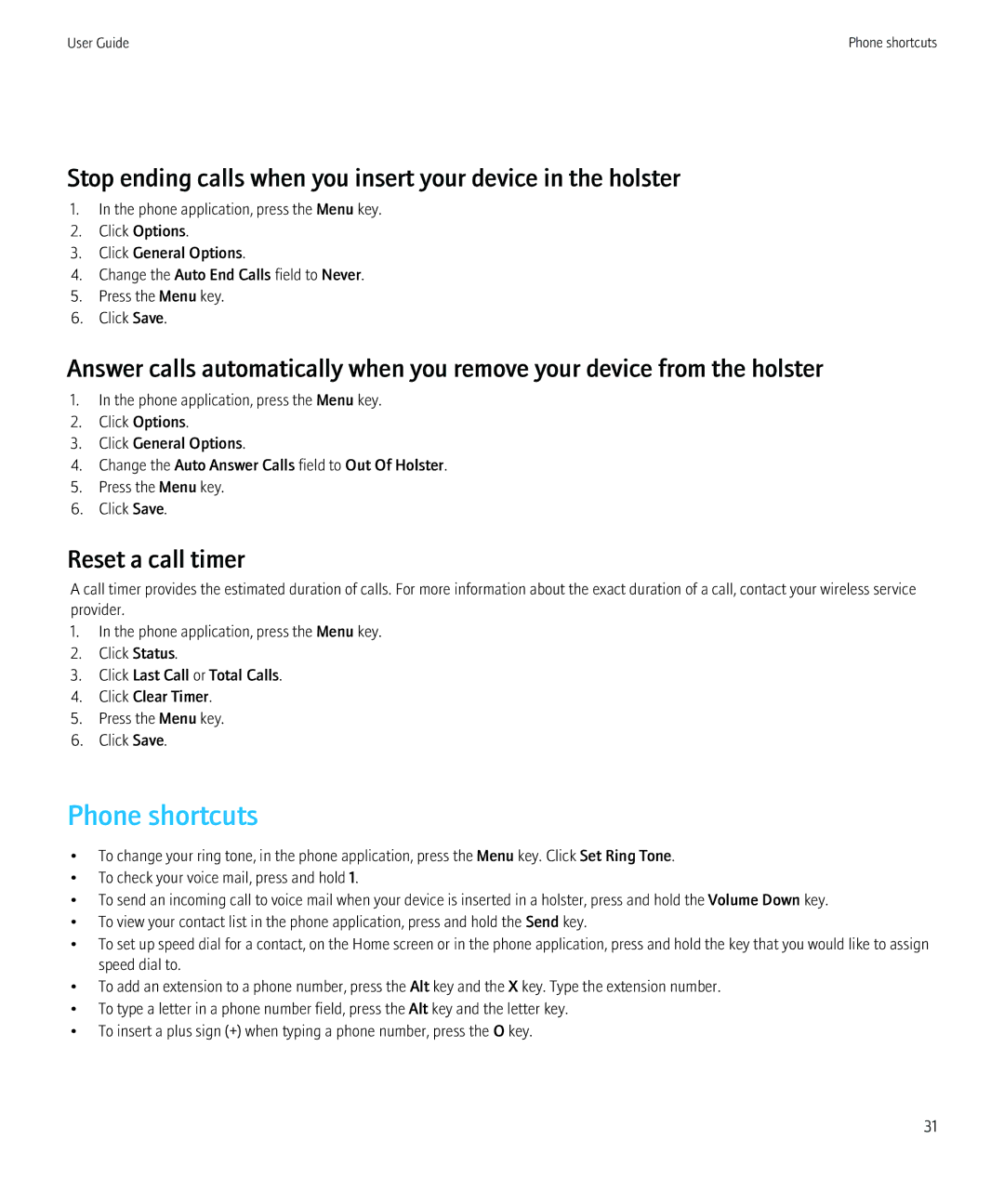 Blackberry 8520 manual Stop ending calls when you insert your device in the holster, Reset a call timer 