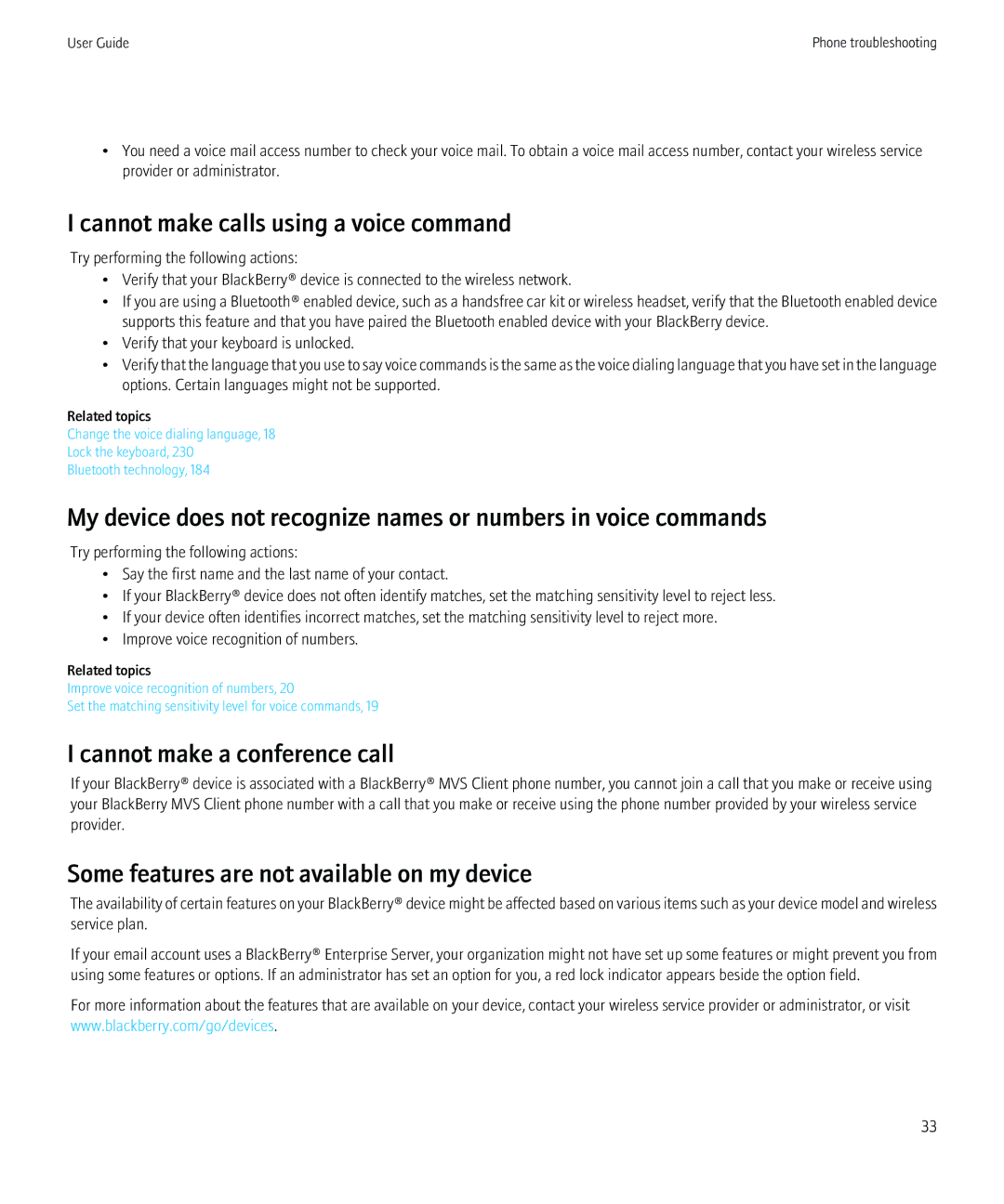 Blackberry 8520 manual Cannot make calls using a voice command, Cannot make a conference call 