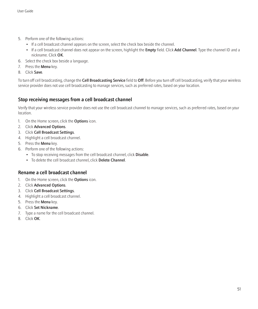 Blackberry 8520 manual Stop receiving messages from a cell broadcast channel, Rename a cell broadcast channel 