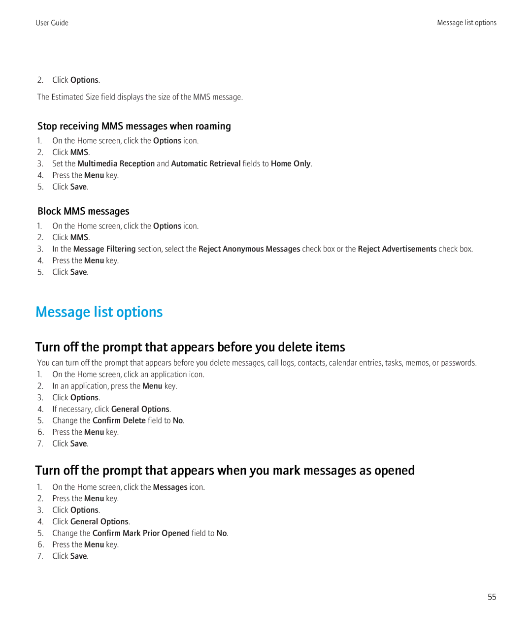 Blackberry 8520 manual Message list options, Stop receiving MMS messages when roaming, Block MMS messages 