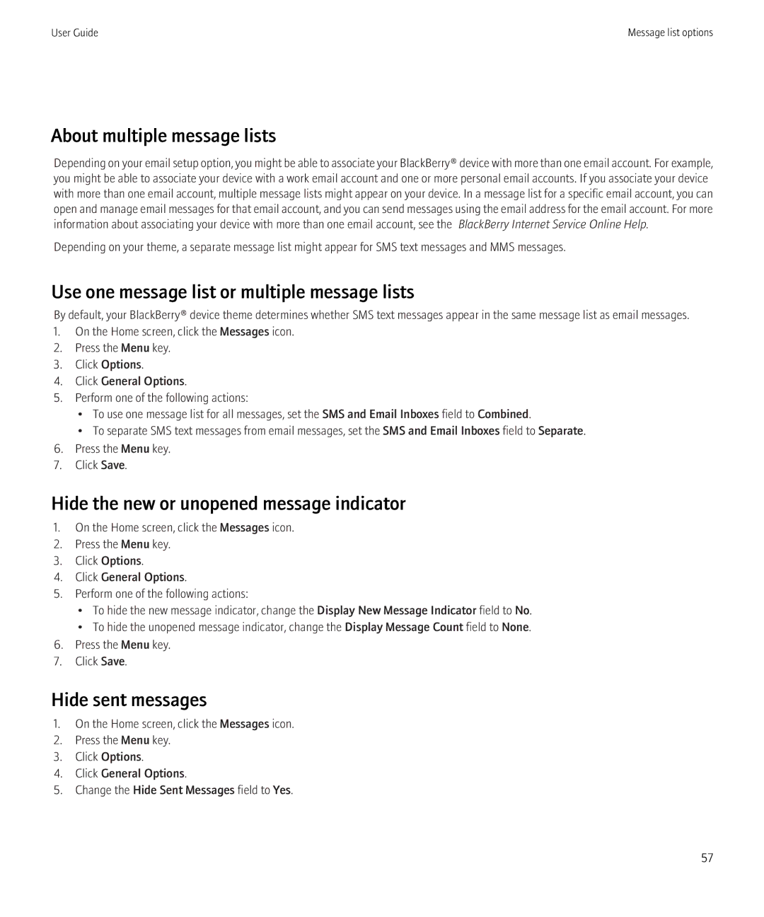 Blackberry 8520 manual About multiple message lists, Use one message list or multiple message lists, Hide sent messages 