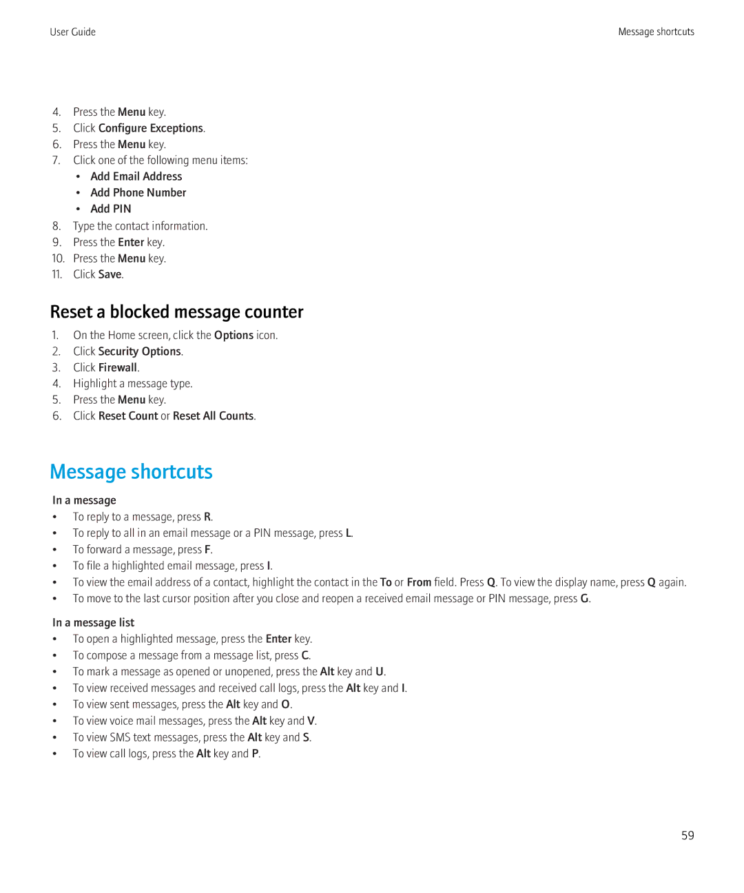 Blackberry 8520 manual Message shortcuts, Reset a blocked message counter 