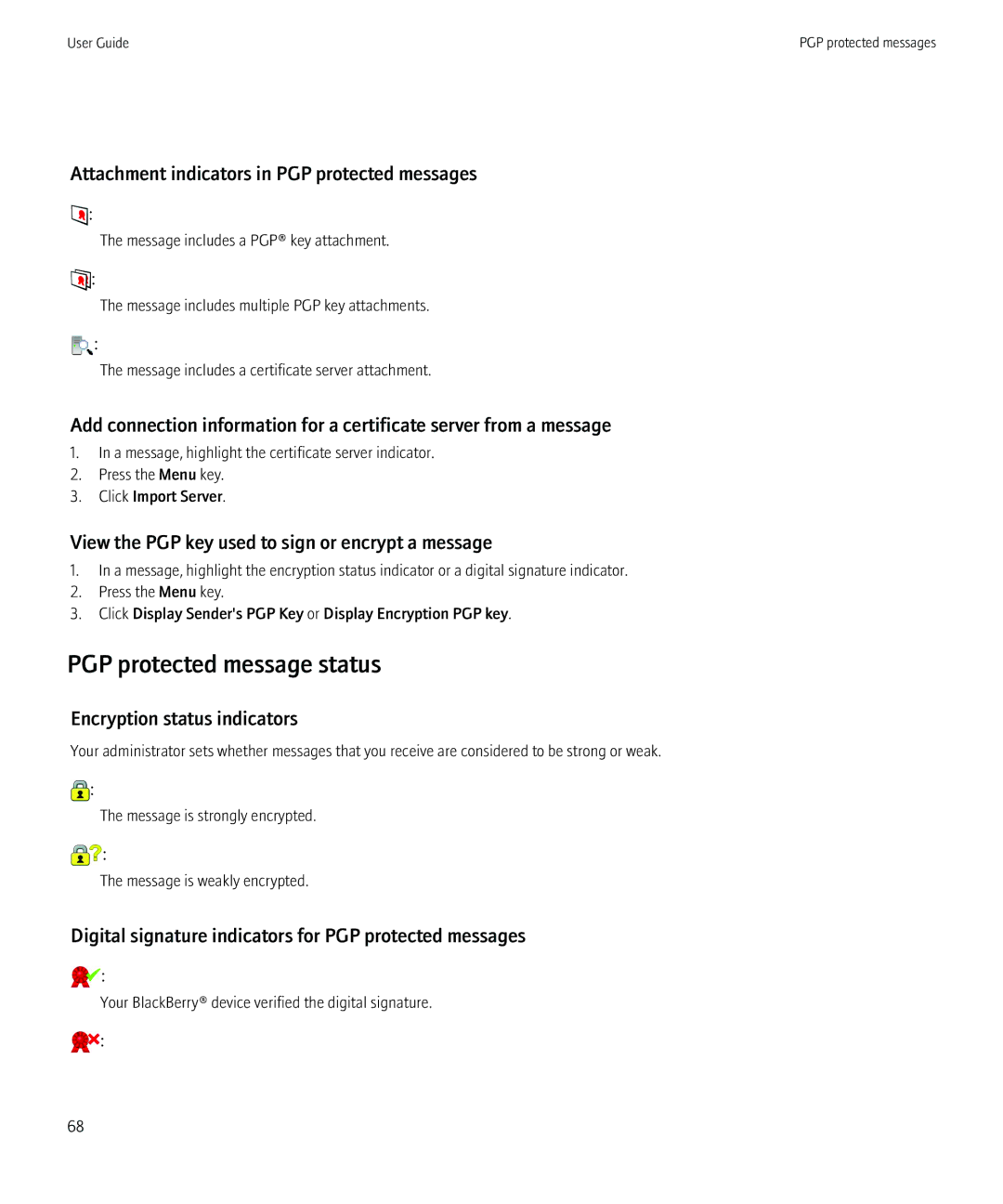 Blackberry 8520 manual PGP protected message status, Attachment indicators in PGP protected messages 