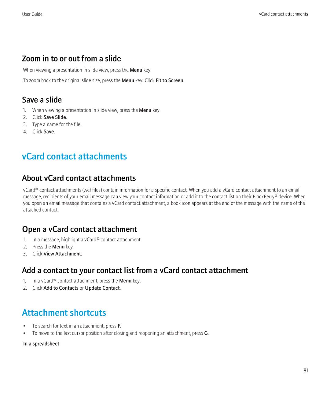 Blackberry 8520 VCard contact attachments, Zoom in to or out from a slide, Save a slide, About vCard contact attachments 