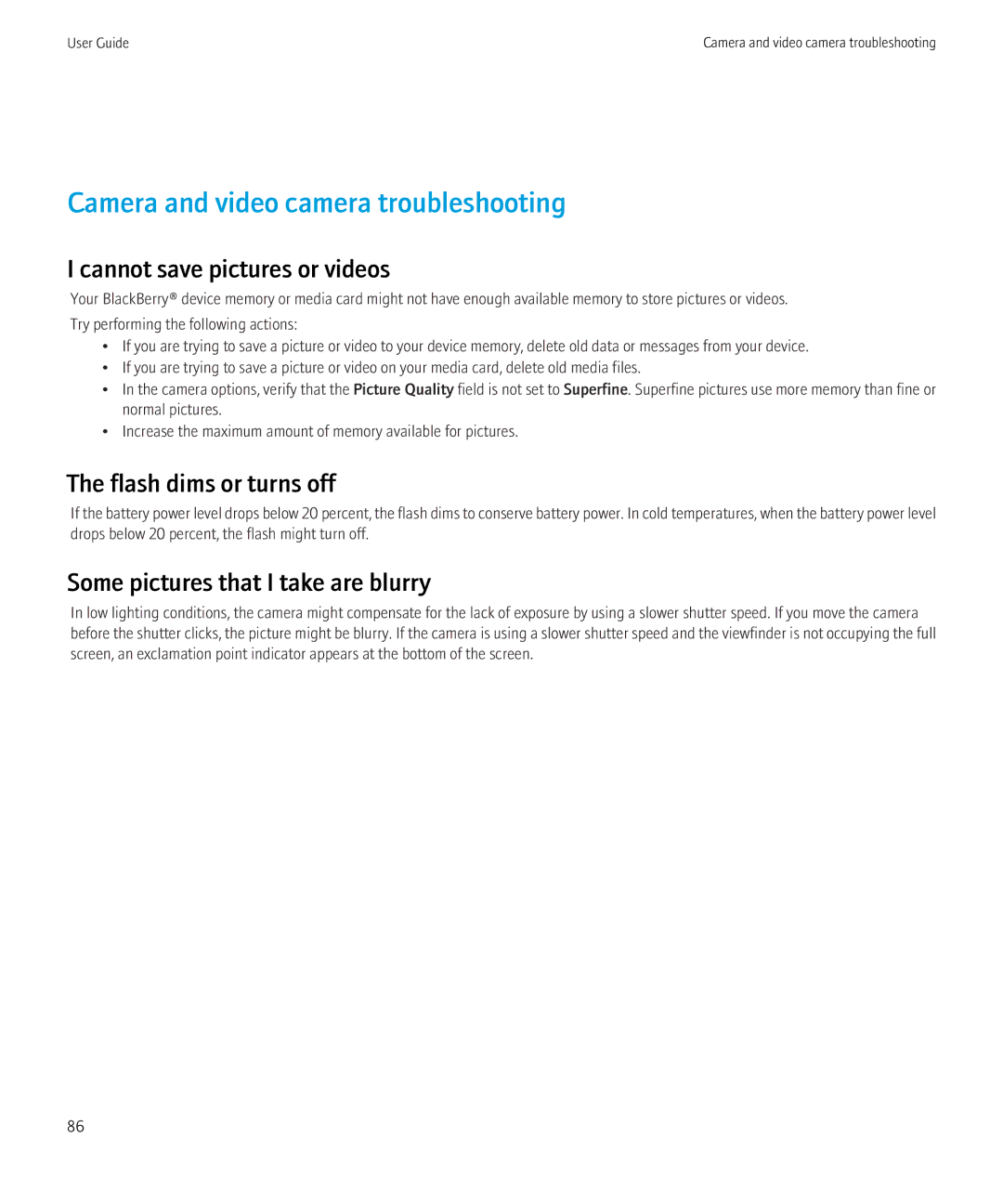 Blackberry 8520 manual Camera and video camera troubleshooting, Cannot save pictures or videos, Flash dims or turns off 