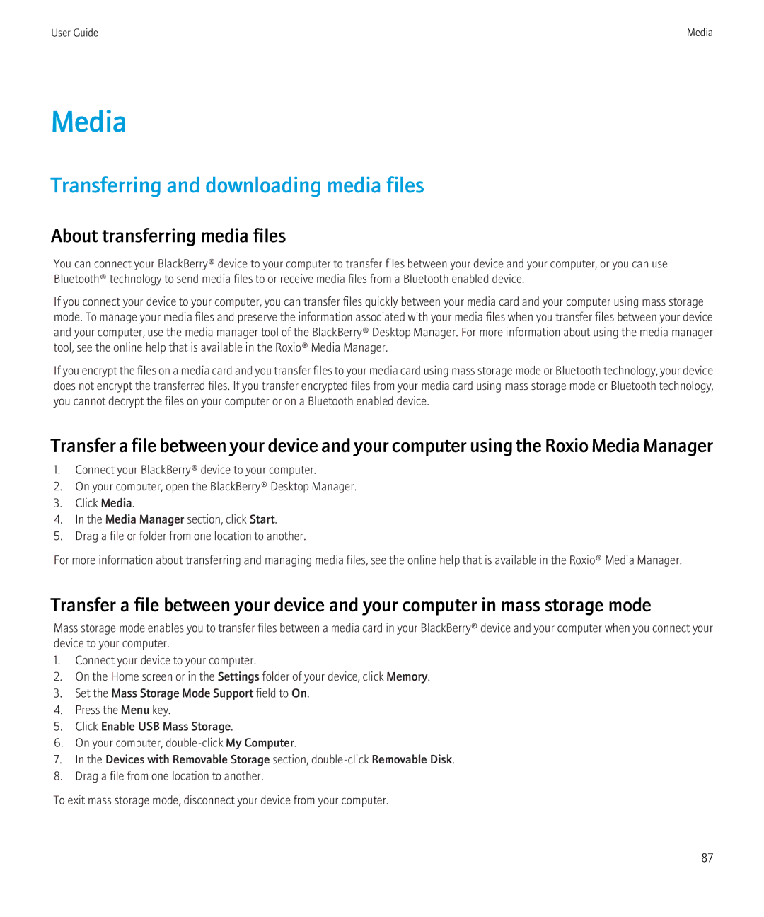 Blackberry 8520 manual Media, Transferring and downloading media files, About transferring media files 