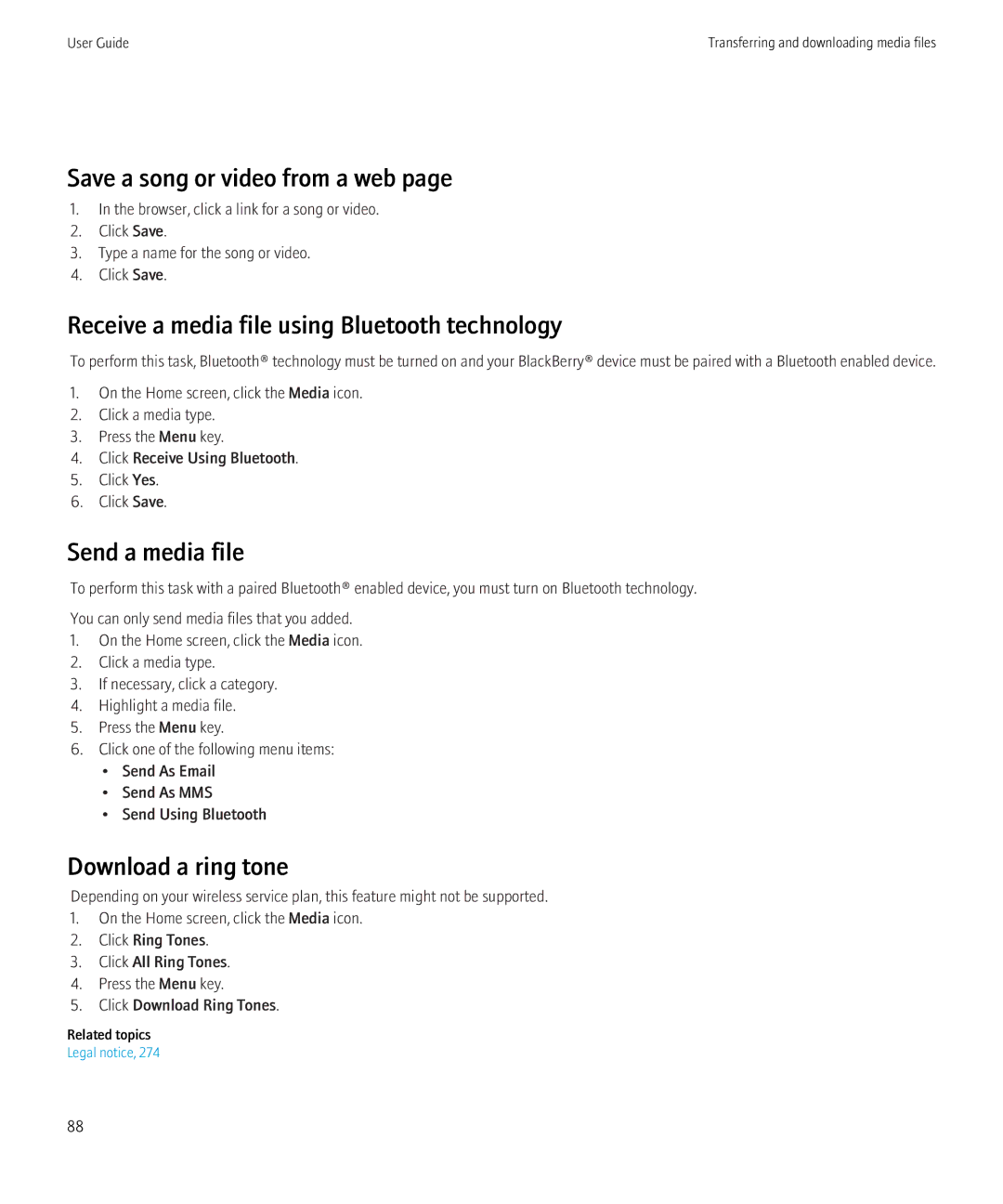 Blackberry 8520 manual Save a song or video from a web, Receive a media file using Bluetooth technology, Send a media file 