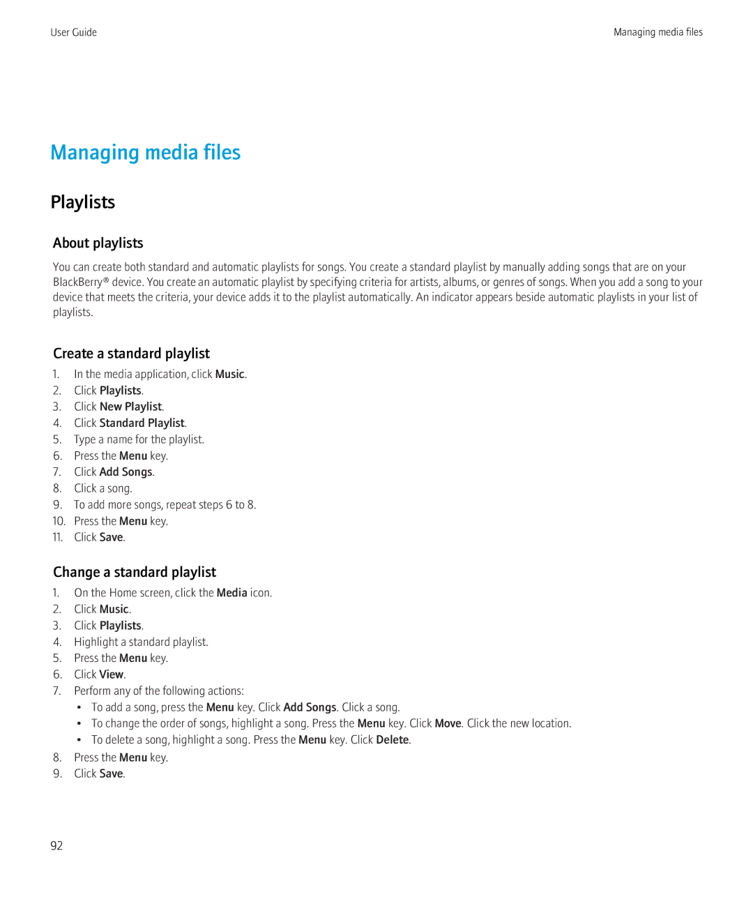 Blackberry 8520 Managing media files, Playlists, About playlists, Create a standard playlist, Change a standard playlist 