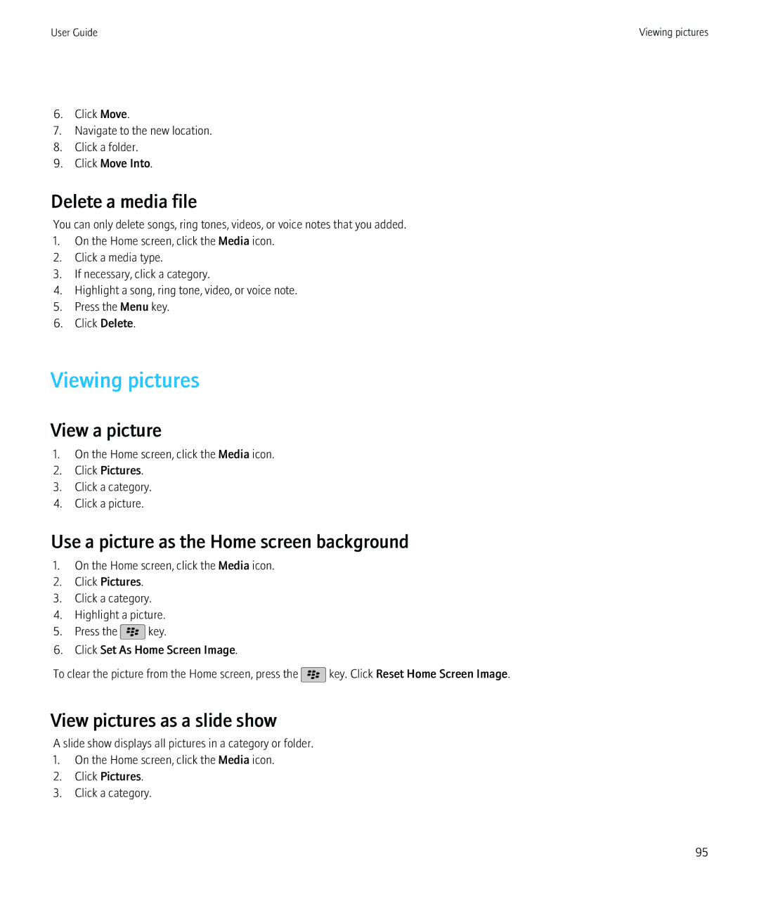 Blackberry 8520 manual Viewing pictures, Delete a media file, View a picture, Use a picture as the Home screen background 