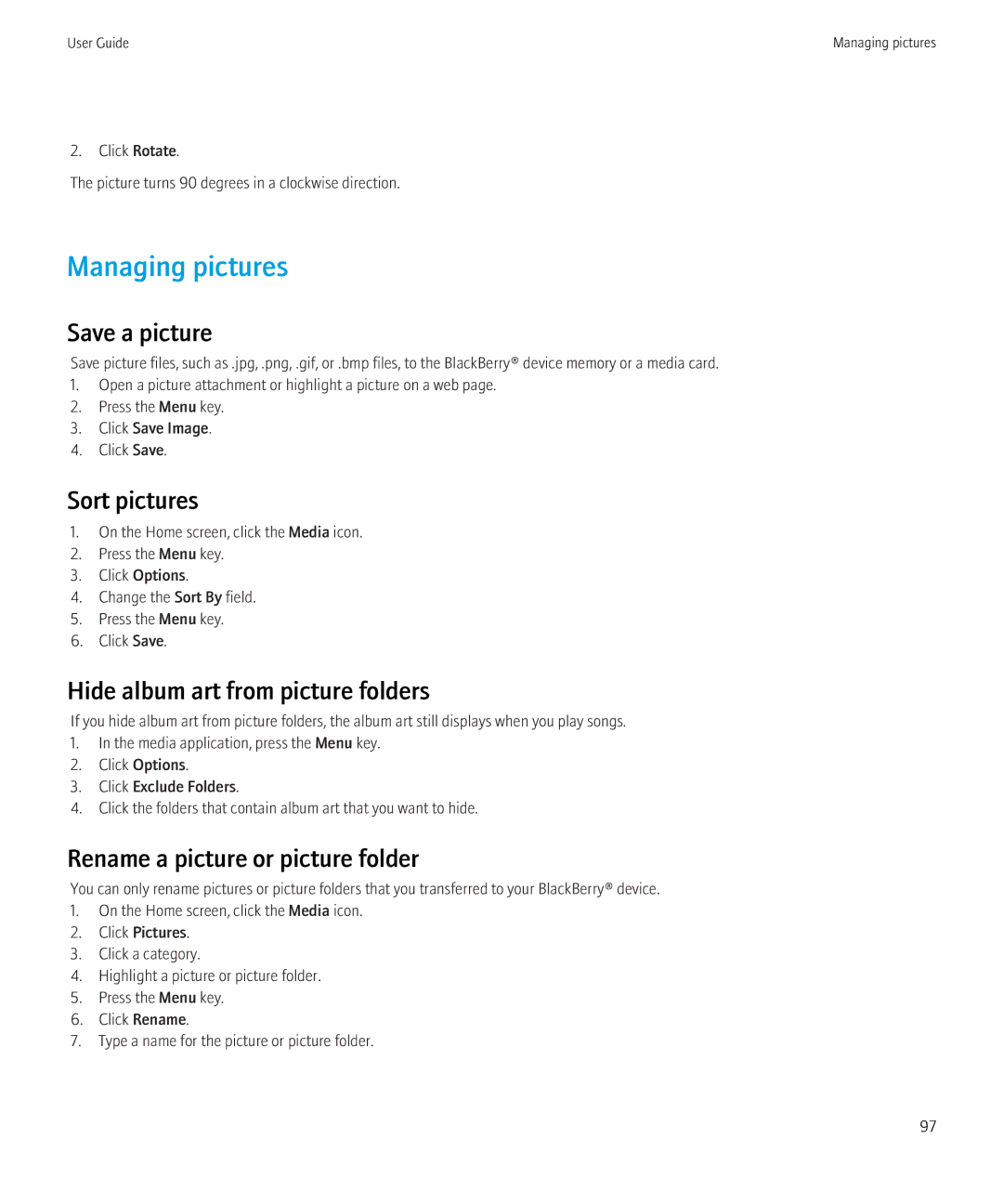Blackberry 8520 manual Managing pictures, Save a picture, Sort pictures, Hide album art from picture folders 