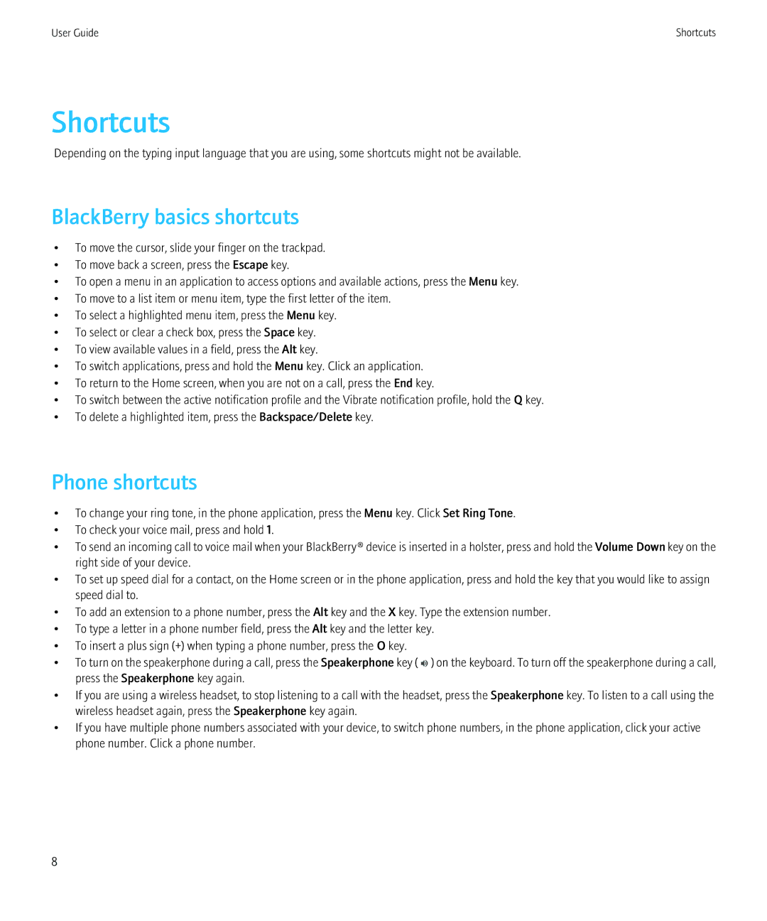 Blackberry 8520 manual Shortcuts, BlackBerry basics shortcuts, Phone shortcuts 