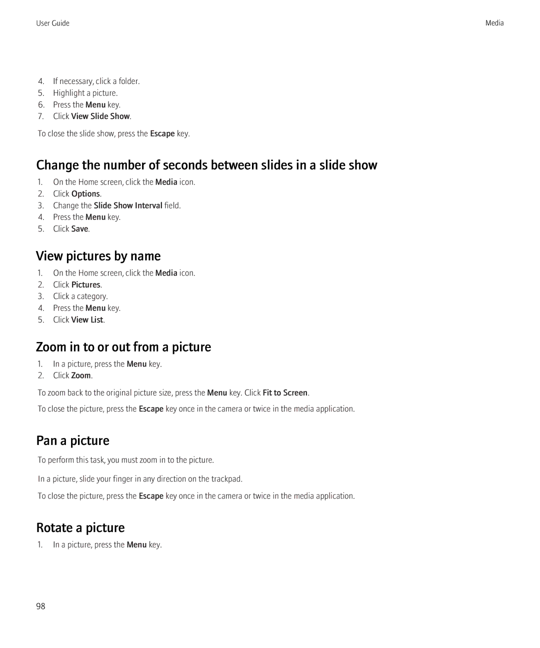 Blackberry 8520 manual Change the number of seconds between slides in a slide show, View pictures by name, Pan a picture 