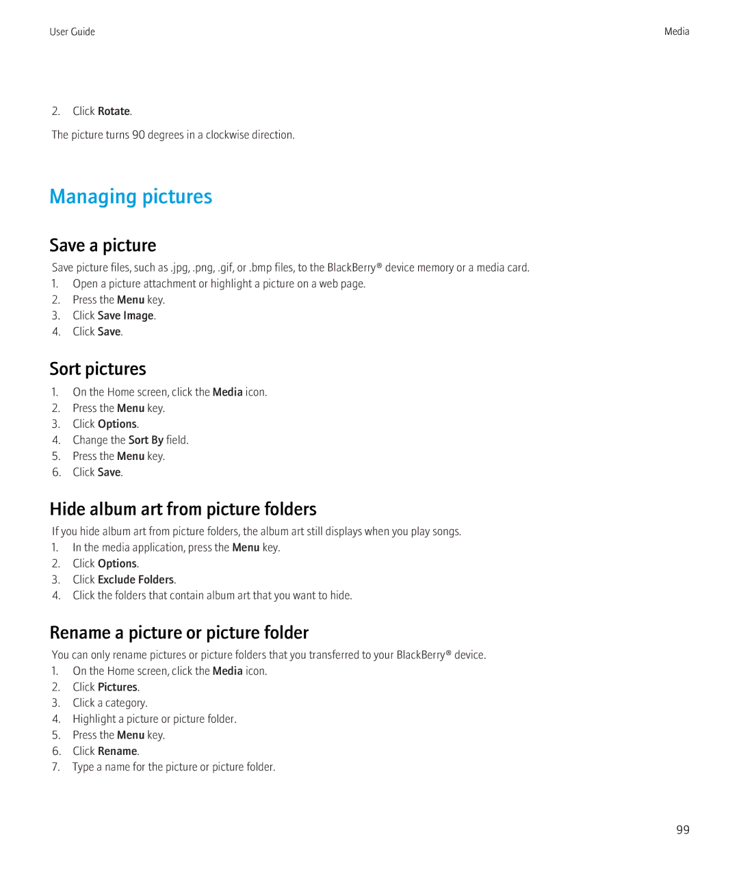Blackberry 8520 manual Managing pictures, Save a picture, Sort pictures, Hide album art from picture folders 