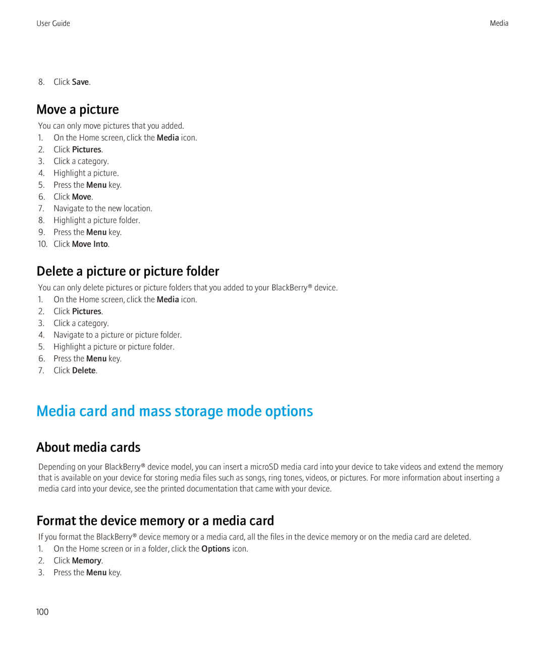 Blackberry 8520 manual Media card and mass storage mode options, Move a picture, Delete a picture or picture folder 