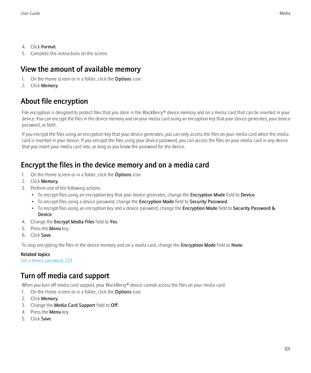 Blackberry 8520 manual View the amount of available memory, About file encryption, Turn off media card support 