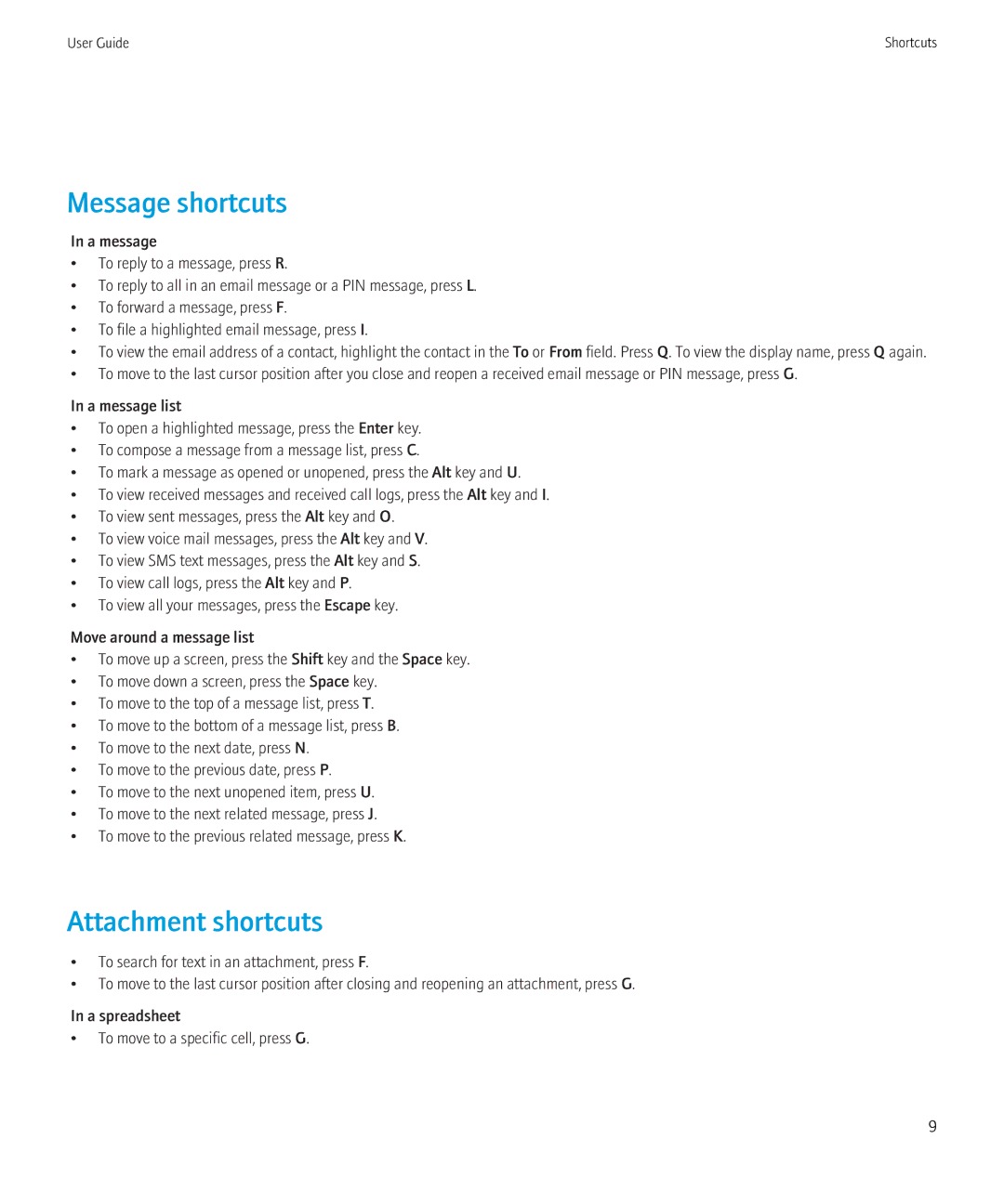 Blackberry 8520 manual Message shortcuts, Attachment shortcuts 