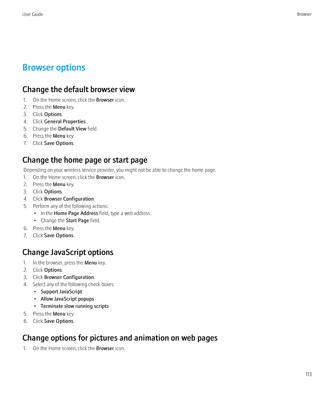 Blackberry 8520 Browser options, Change the default browser view, Change the home page or start, Change JavaScript options 