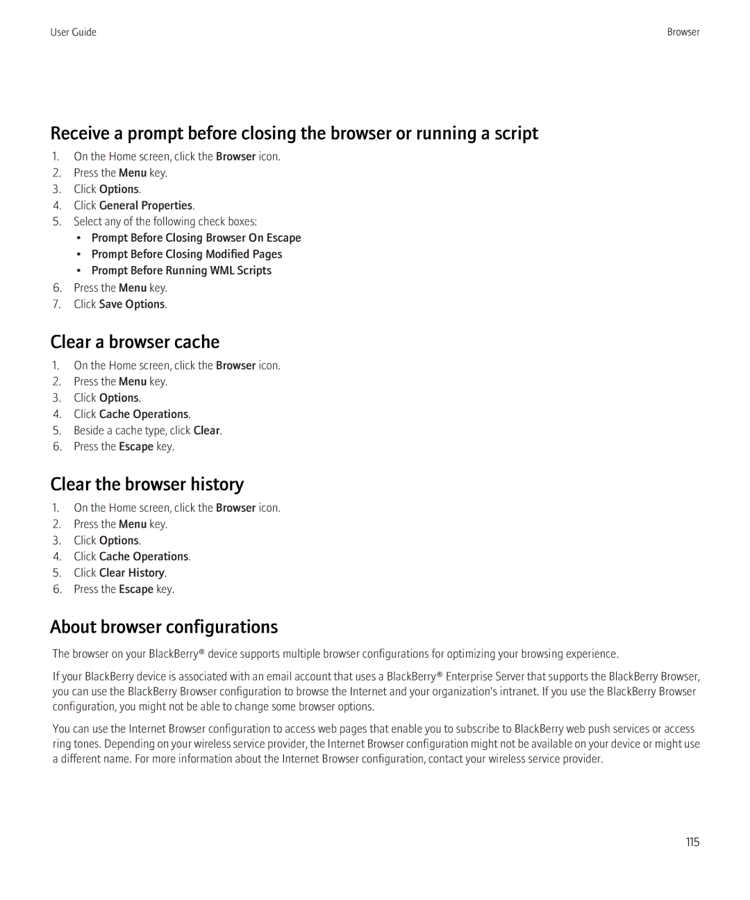 Blackberry 8520 manual Clear a browser cache, Clear the browser history, About browser configurations 
