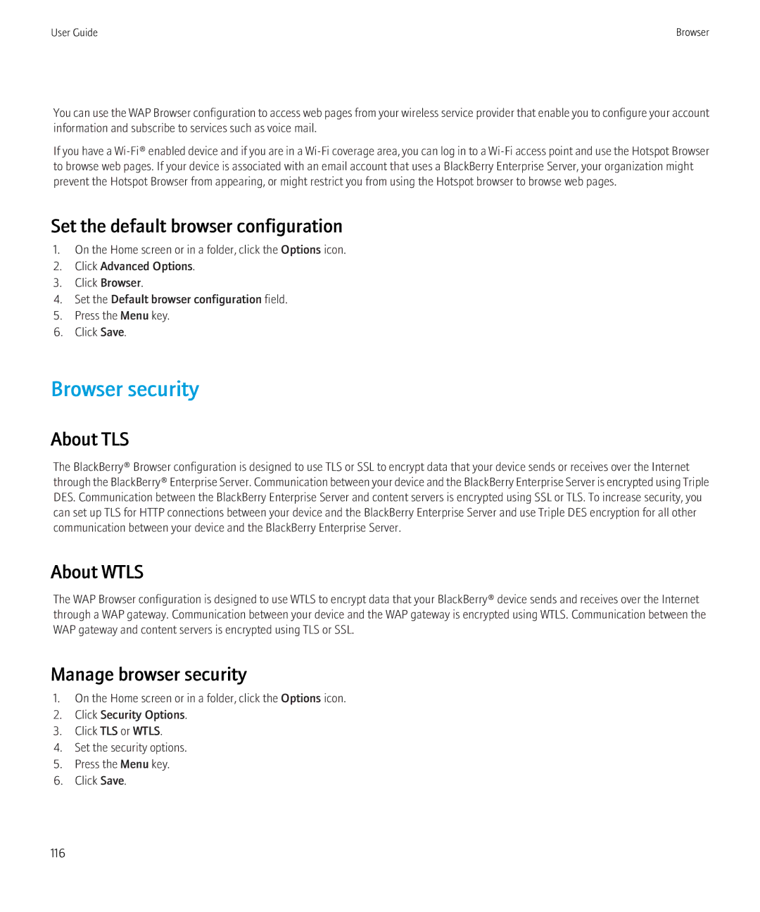 Blackberry 8520 Browser security, Set the default browser configuration, About TLS, About Wtls, Manage browser security 