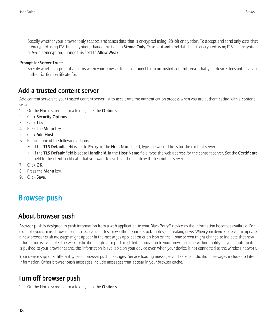 Blackberry 8520 manual Browser push, Add a trusted content server, About browser push, Turn off browser push 