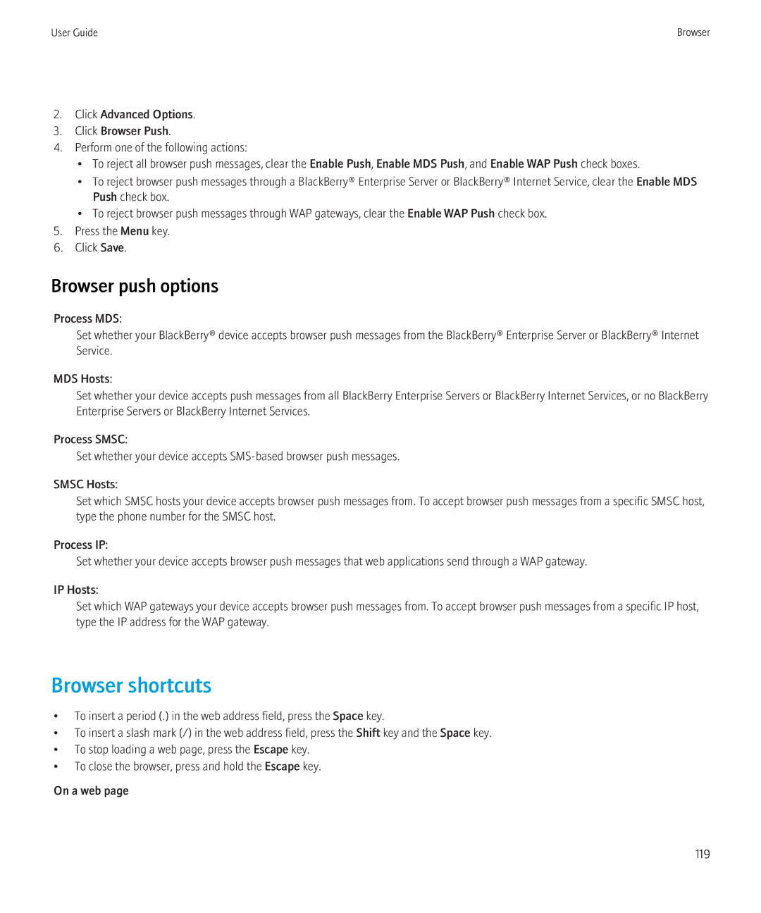 Blackberry 8520 manual Browser shortcuts, Browser push options 