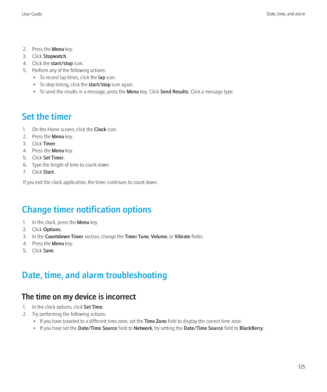 Blackberry 8520 manual Set the timer, Change timer notification options, Date, time, and alarm troubleshooting 