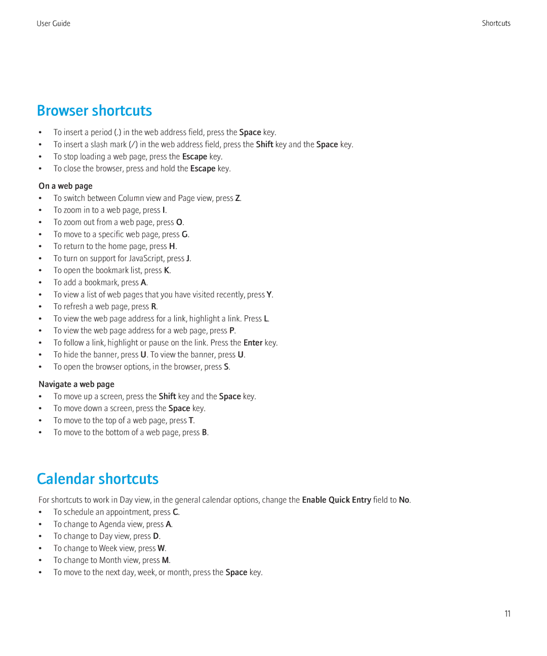 Blackberry 8520 manual Browser shortcuts, Calendar shortcuts 